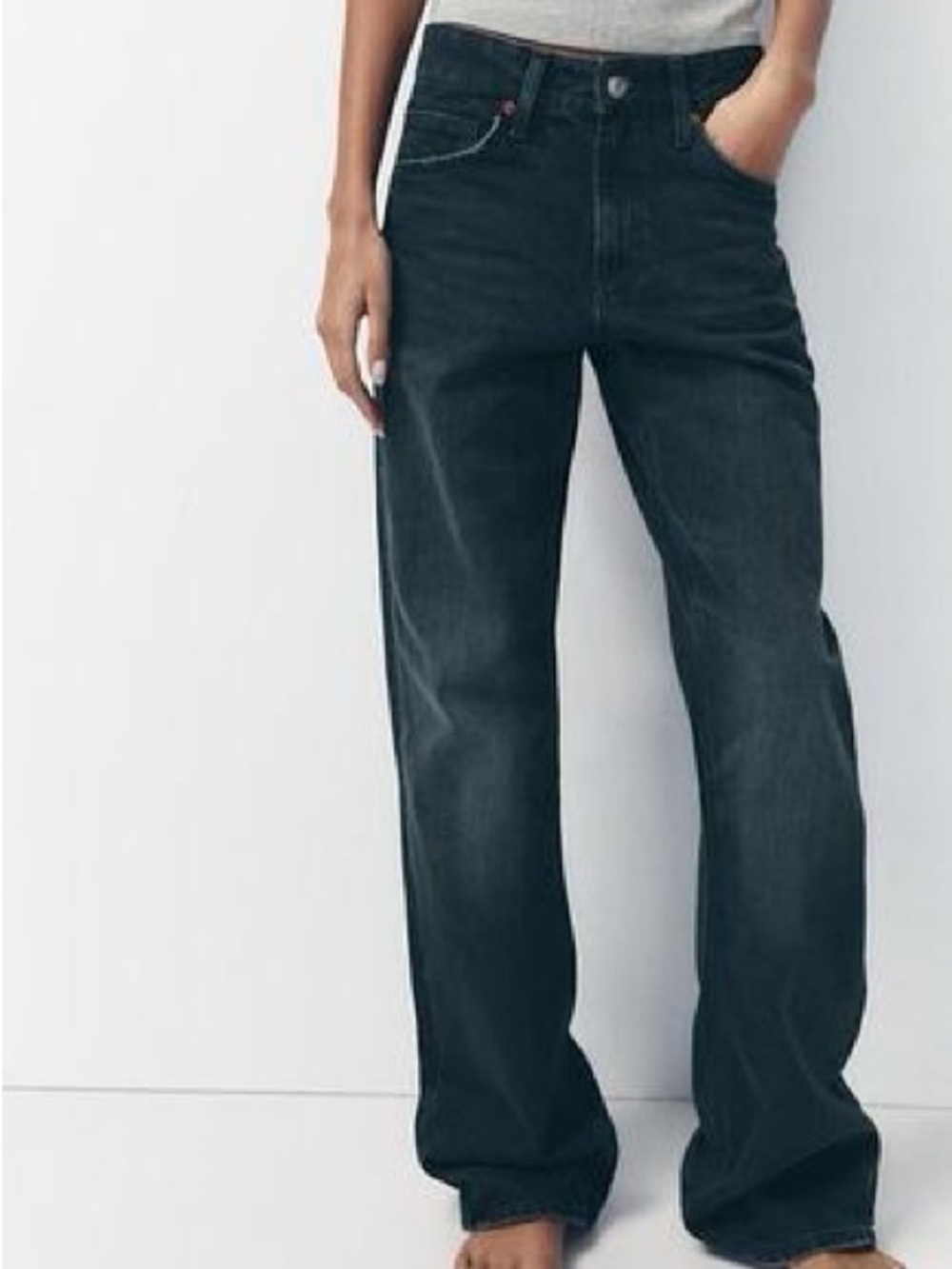 NWT ZARA Mid Rise Dark Wash Grey Black Wide Leg Jeans – Size 0